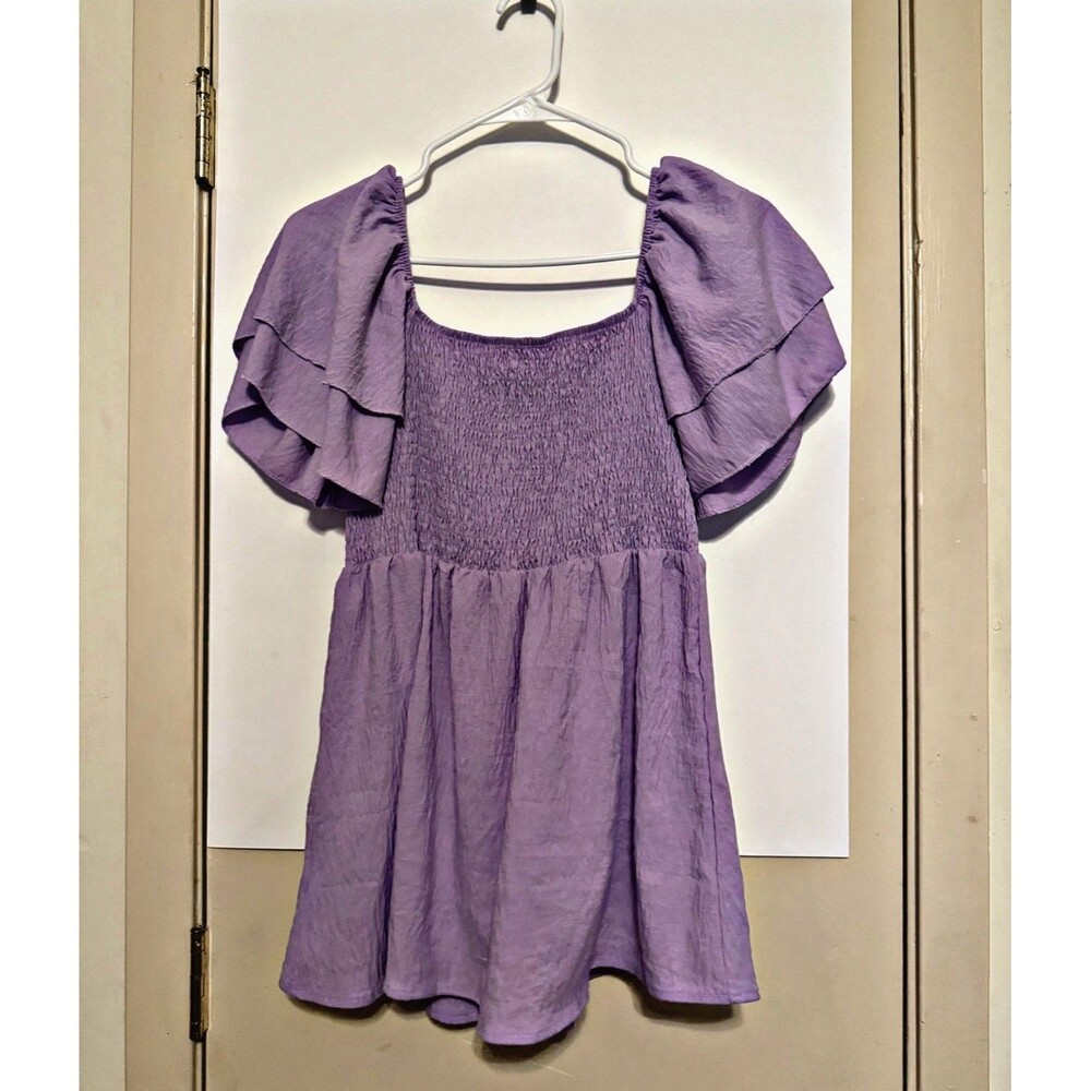 HEYTALALA Women’s Large Purple Smocked Babydoll Top Ruffle Sleeve